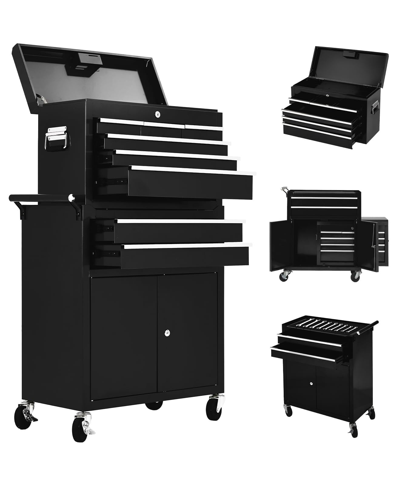 24" Tool Chest,Tool Storage Removable Tool Box Combo,Rolling Tool Chest with 8 Drawers & Detachable Top Tool Box,Tool Cabinet with Lockable Wheels and Liner
