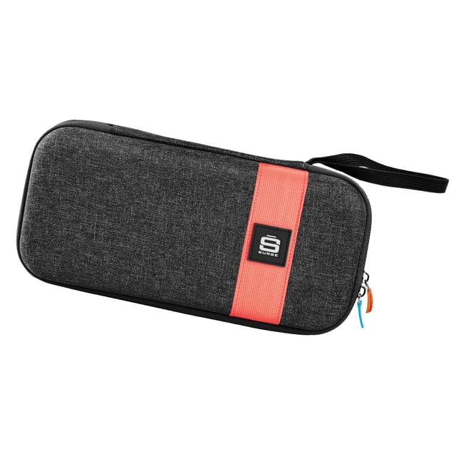 Surge Travel Case for The Nintendo Switch 2 Accessories with a compact rectangular shape, dark gray textured fabric exterior, coral vertical stripe with black Surge logo patch, black wrist strap, and dual zipper pulls in orange and blue for secure closure and travel protection.