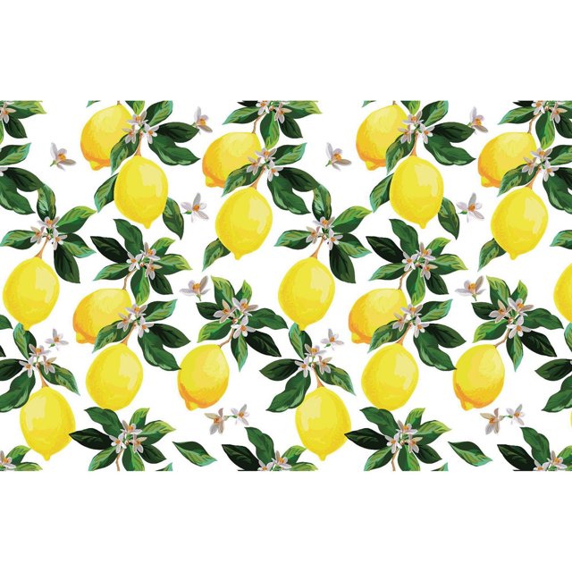 IH Casa Decor Plastic Placemat Lemon Branches - Set of 12 featuring a repeating pattern of yellow lemons with green leaves and white blossoms on a white plastic surface, wrinkle-free and easy to clean, ideal for protecting dining tables from heat and spills, also suitable as a housewarming gift.