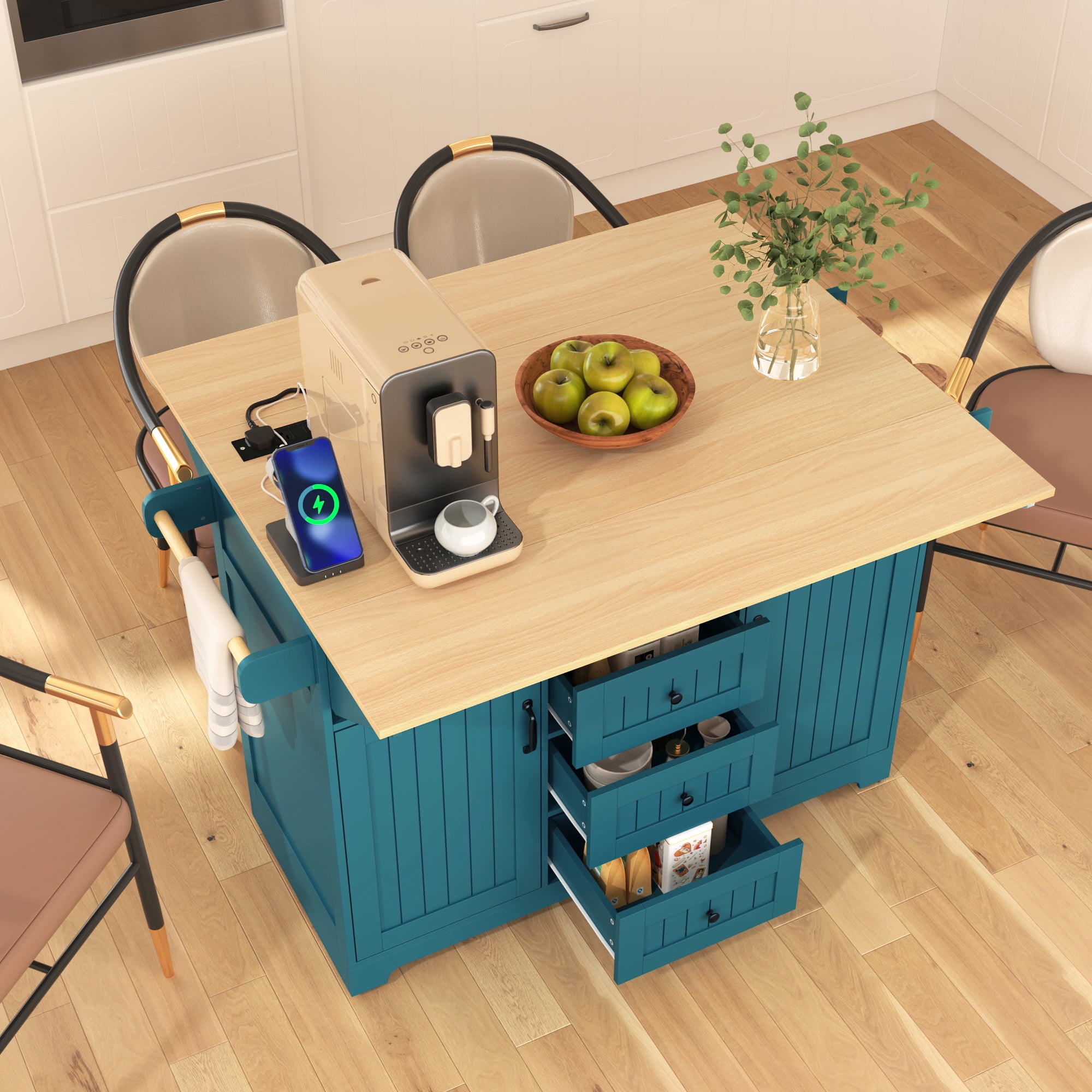 Noble House 55.7" Kitchen Island with 2 Drop Leaf, for 4-6 Seating,Green