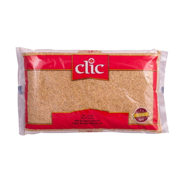 CLIC - Blé Boulgour Léger No 1 6/2 kg dans un Sac en Plastique Transparent avec une Étiquette Rouge Affichant la Marque « CLIC ». le Sac Contient des grains de Blé Boulgour Léger, une Céréales de Blé Concassé Étuvée avec une Saveur de Noisette, Terreuse et une texture Semblable au Couscous. l'Emballage de 2 kg (4,4 Lb) Est Idéal pour la Cuisson et Est Souvent Utilisé comme alternative Nutritive aux grains.