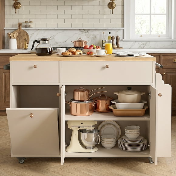 OMCHOM Îlot de Cuisine Roulant de 48 Pouces, avec Prise de Courant et Abattant, Grand Chariot de Cuisine avec Armoire Intégrée pour Poubelle, 2 Tiroirs et 3 Portes, Porte-Épices et Porte-Serviettes, Blanc