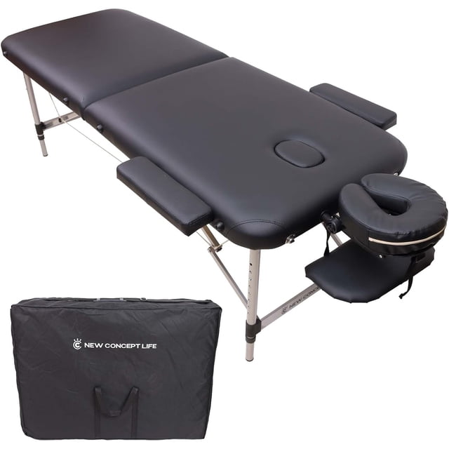 Extra-Wide Aluminum Portable Massage Table, 73-inch length and 28-inch width, featuring a thick cushion for comfort. Includes a face cradle, arm rests, and a carrying bag for portability. The table has a 2-fold design and adjustable height, suitable for professional or home spa use. Shown in a sleek black finish with sturdy aluminum legs.