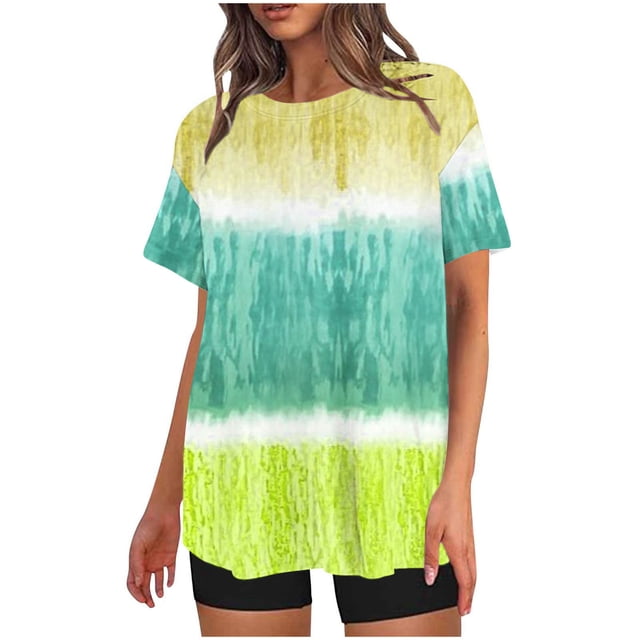 Penkiiy T-Shirts Dégradés Surdimensionnés pour Femmes Été Coupe Ample Col Rond Manches Courtes Hauts Blouse Décontractée Y2K T-Shirts Graphiques Basiques S Jaune