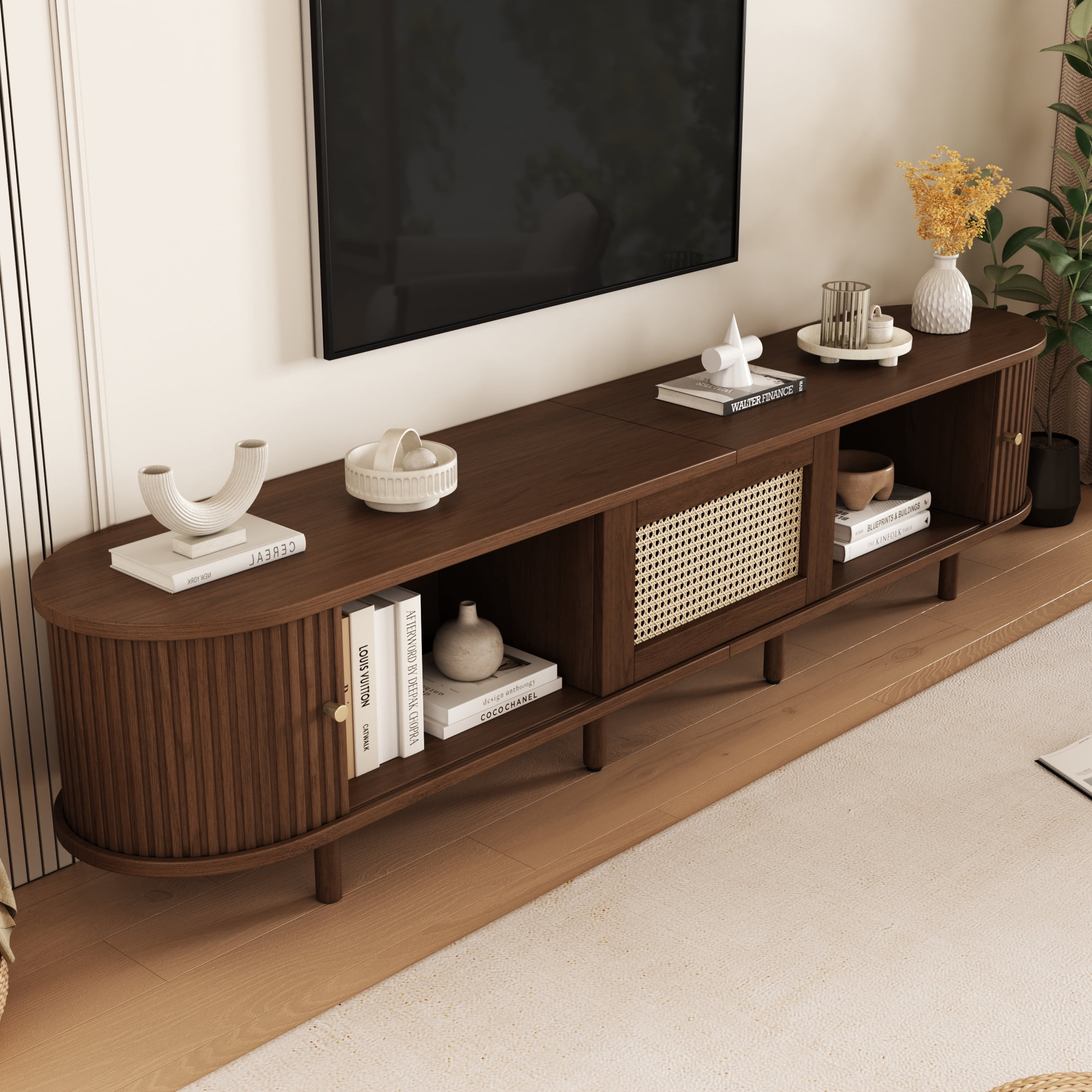 Noble House 64.8" TV Stand,Oval Rounded Corners Media Console for 65" TV,Dark Oak