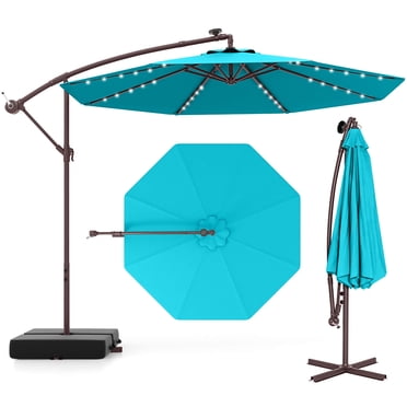 Costway Parasol Suspendu Déporté de Patio 10 Pieds 32 Lumières DEL Sac de Sable Extérieur Base Croisée Turquoise