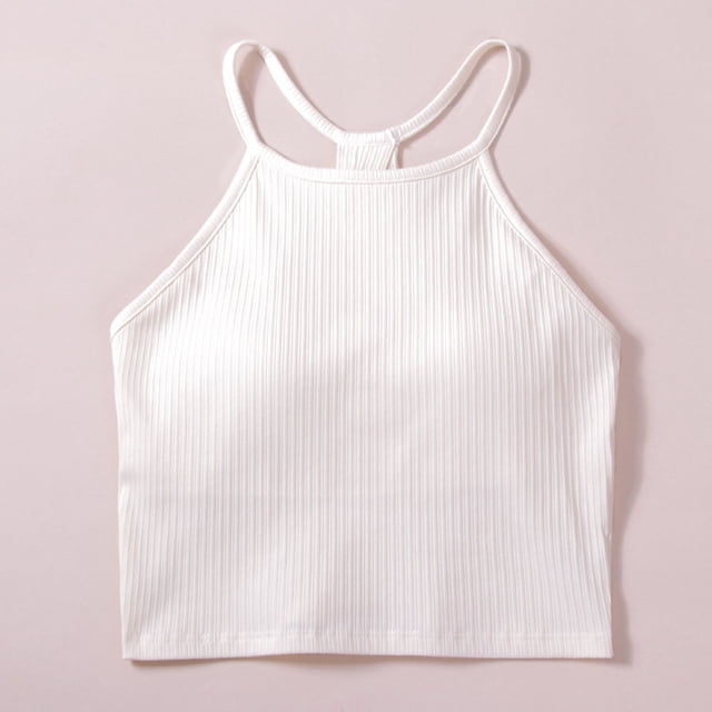 Workout Cropped Tank Tops for Women Built in Bra Seamless Ribbed Knit Racerback Backless Top for Teen Girls Womens V Neck Camisole Tank Tops Cotton White L