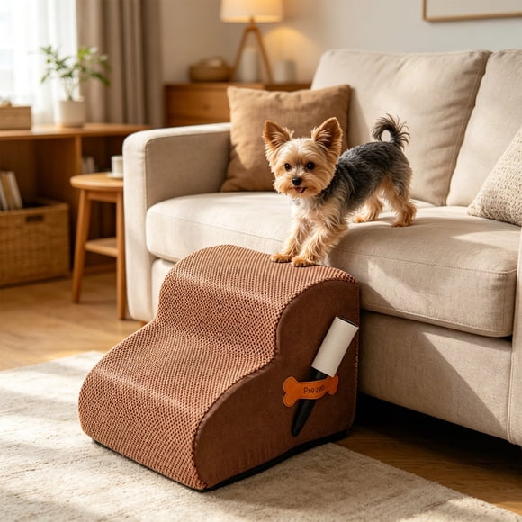 Non-Slip Pet Stairs for Dogs and Cats, Multi-Step Ramp for Bed Sofa, Gray Beige Brown Cloth Cover, Foam Core, 40x40x31 cm