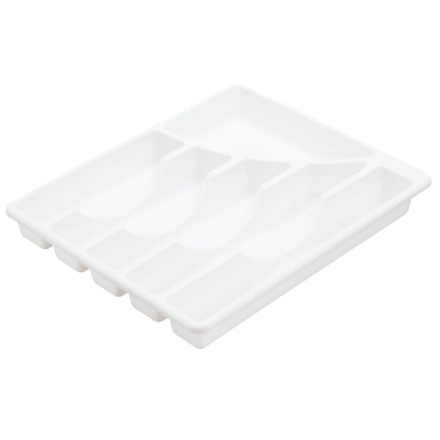 Sterilite Plateau à Couverts Blanc à 5 Compartiments Montré en Vue Inclinée 3/4, en Plastique Blanc avec Cinq Compartiments pour Organiser les Ustensiles de Cuisine et les Coutelleries, Présentant des Bords Lisses et une surface Texturée pour un Nettoyage Facile, Convient Aussi au Rangement des Fournitures de Bureau.