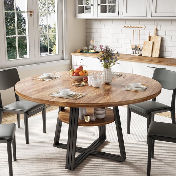 Round Dining Table for 4-6, 47.2" Farmhouse Kitchen Table with Storage, Circle Dinner Tables for Kitchen, Dining Room, Living Room, Meeting Room, Apartment