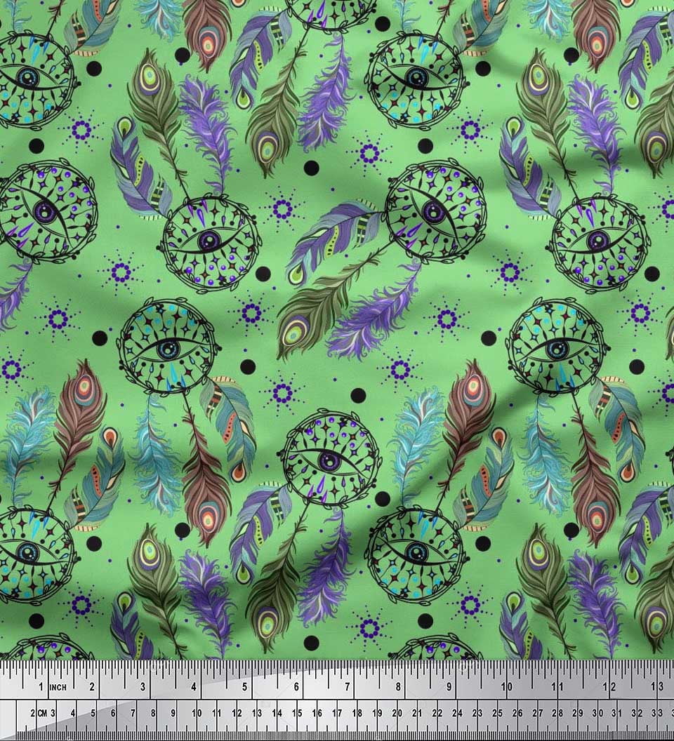 Soimoi Rayon Crepe Fabric Eye,Dot & Peacock Feather Decor Fabric Printed Yard 46 Inch Wide