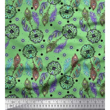 Soimoi Polyester Crepe Fabric Eye,Dot & Peacock Feather Print Fabric by The Yard 52 Inch Wide