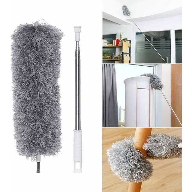 Microfiber Duster with Electrostatic Adsorption, a washable and scratch-resistant cleaning tool with a 360° foldable head. The grey microfiber duster is shown cleaning ceilings, furniture edges, and tight spaces, ideal for household dusting tasks.