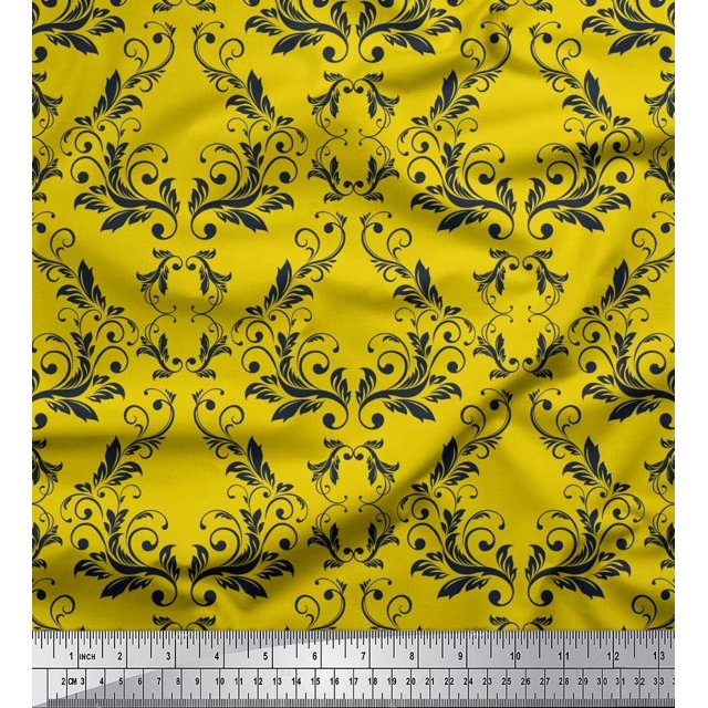 Soimoi Yellow Crepe Silk Fabric Filigree Damask Print Sewing Fabric Yard 42 Inch Wide
