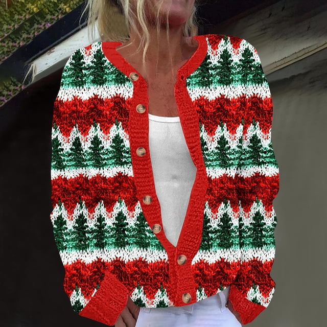 Jsaierl Womens Christmas Cardigan Sweaters Plus Size Dressy Long Sleeve Cute Printed Open Front Button Knit Outwear