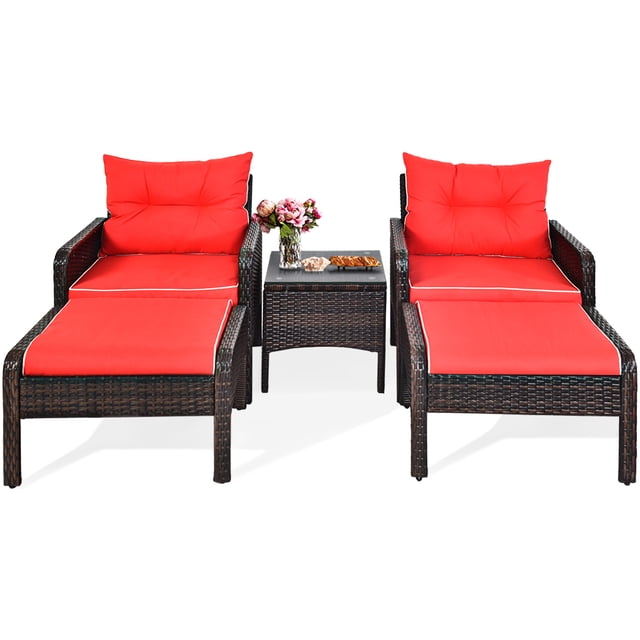 Patiojoy Ensemble de Conversation en Rotin pour Patio de 5 Pcs avec Canapés Coussinés et Pouf, avec Table