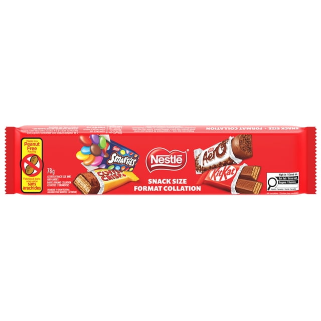 Nestlé Format Collation KITKAT, AERO, SMARTIES, Assortiment de Croustilles de Café dans un Emballage Rouge Comprenant des Barres de Chocolat Format Collation Emballées Individuellement et des Bonbons Fabriqués dans une Installation Canadienne Sans Arachides, Idéal pour le Partage et les Collations Quotidiennes avec des Gaufrettes Croustillantes, des Bulles de Chocolat au Lait et des Chocolats Enrobés de Bonbons.