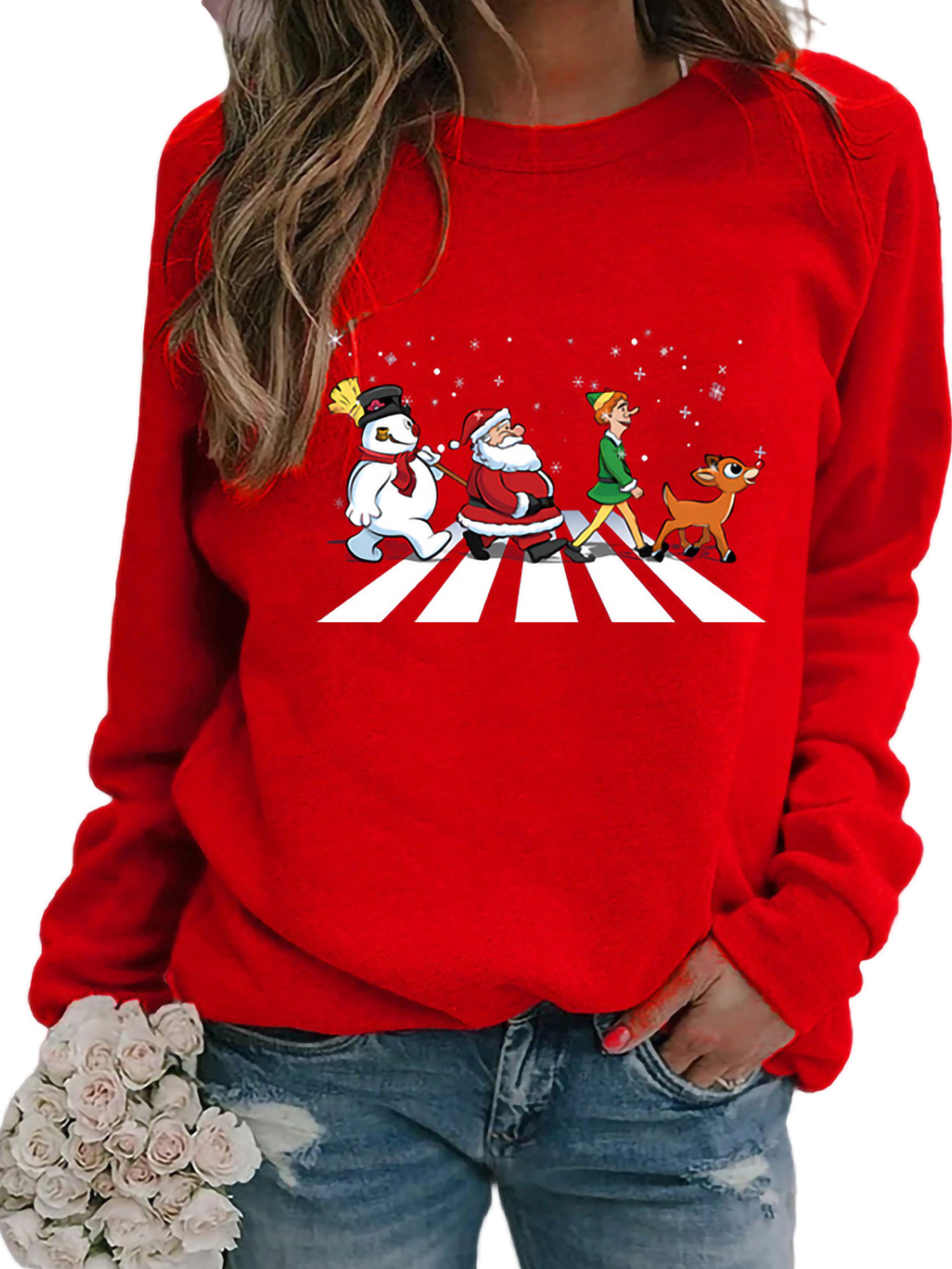 Innerwin Pullover Crew Neck Women Tops Holiday Christmas Print Xmas Sweatshirt Red S