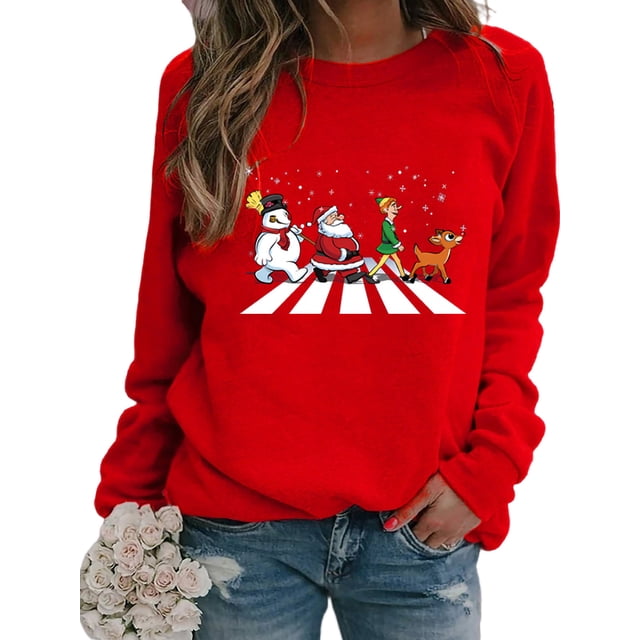 Innerwin Chandail Col Rond Femmes Hauts Imprimé de Noël Xmas Chandail en Molleton Rouge P