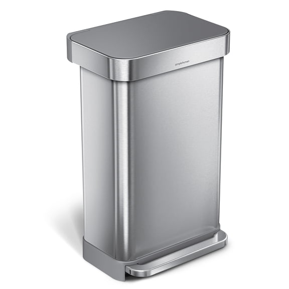 Simplehuman Poubelle Rectangulaire de Cuisine à Pédale Mains Libres de 45 Litres / 11,8 Gallons avec Couvercle à Fermeture en Douceur, Acier Inoxydable Brossé avec Couvercle en Plastique