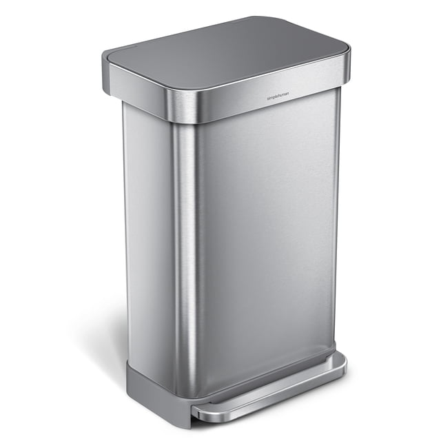 Simplehuman 45 Liter / 11.8 Gallon Rectangular Hands-Free Kitchen Step Trash Can with Soft-Close Lid in brushed stainless steel with a plastic lid. Features a liner pocket for easy liner changes, a strong plastic pedal designed for 150,000 steps, and a patented lid shox technology for smooth, silent closing. Includes an all-natural odorsorb pod to eliminate trash odors for up to 45 days. Designed without an inner bucket for maximum trash capacity.