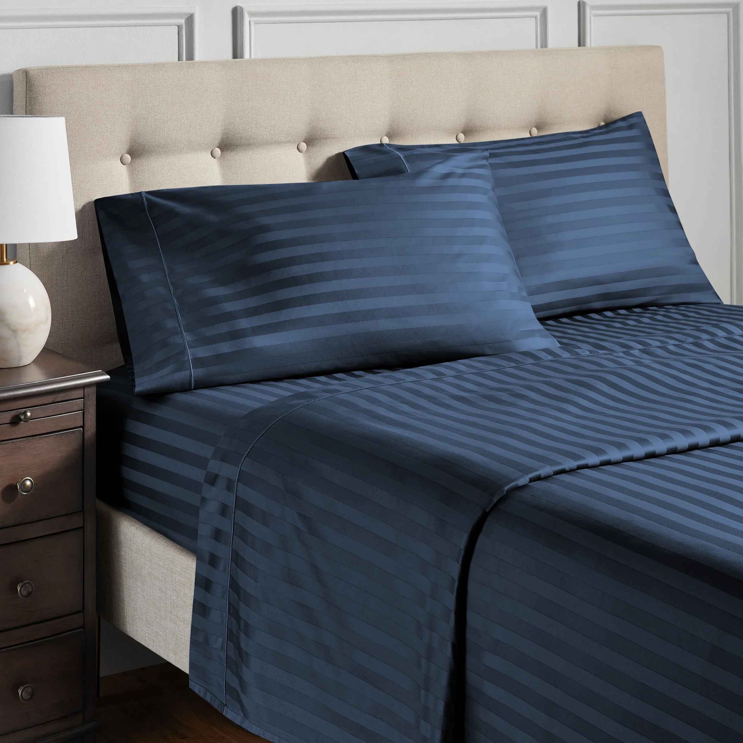 Ensemble de draps pour lit adulte en coton égyptien marin rayures 600 contexture, 4 pièces, hotel style, très grand lit - Poche profonde