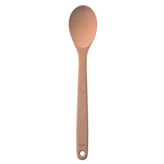 OXO SoftWorks Large Wooden Spoon, 13-inch (33 cm) beechwood spoon with a large rounded bowl and comfortable handle, ideal for stirring soups, sauces, and stews, safe for non-stick cookware, featuring a hole for hanging.