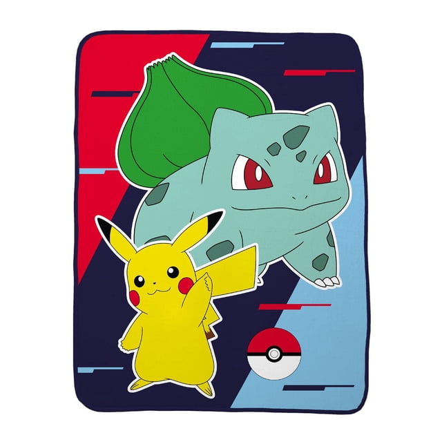 Pokemon Playground Pikachu Throw is a 46 by 60 inch polyester throw blanket featuring Pikachu and Bulbasaur on a navy, red, and light blue geometric background. This machine washable throw is ideal for children's bedding or lounging.
