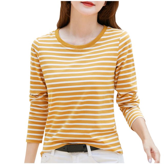 Timegard Hauts d'Automne pour Femmes à Rayures à Manches Longues T-Shirts Basiques Décontractés Ajustés Confortables à Col Rond
