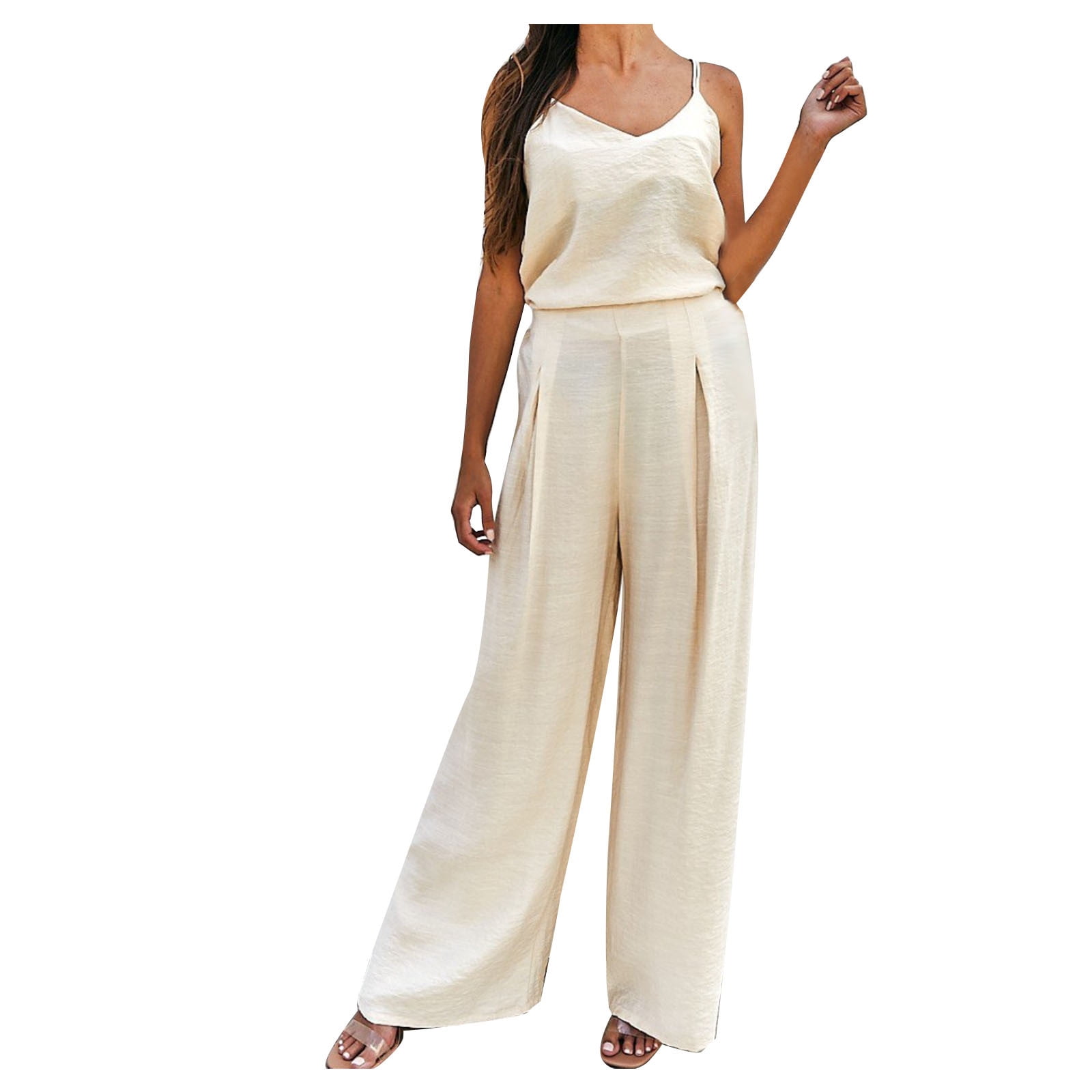 EQWLJWE Hauts pour Femmes Ensemble d'Été Uni Sport Décontracté à Bretelles Col Rond Haut/chemise Ensemble 2 Pcs