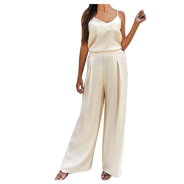 EQWLJWE Hauts pour Femmes Ensemble d'Été Uni Sport Décontracté à Bretelles Col Rond Haut/chemise Ensemble 2 Pcs