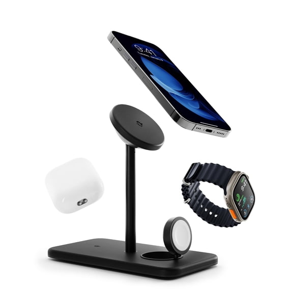 Twelve South HiRise 3 Deluxe, Compact Luxury Wireless Magsafe Charging Stand for iPhone, AirPods and Apple Watch - Includes US Power Supply with 5 Fo