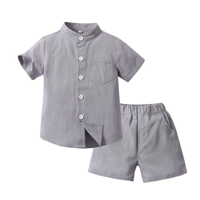 Plebaso Baby Girls Boys Stand-Up Collar Short Sleeve Shirt Shorts Pants Set Solid Color Summer Clothes Two-Piece Suits