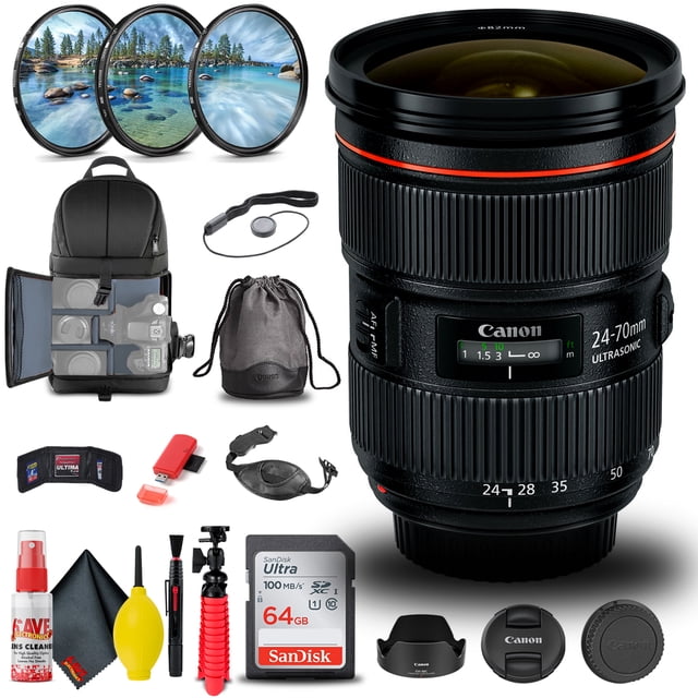 Canon EF 24-70mm F/2.8L II USM Lens (5175B002) with a versatile zoom range from wide-angle to portrait length, featuring a constant f/2.8 aperture for low-light performance and depth of field control. The bundle includes an 82mm 3-piece filter kit, Pro Sling Backpack, SanDisk 64GB Ultra SDXC memory card, memory card reader, 12-inch flexible tripod, memory card wallet, lens cap keeper, cleaning kit, hand strap, Canon lens cap, rear lens cap, tulip lens hood, and soft lens case. Ideal for professional and enthusiast photographers, compatible with various Canon EF-mount cameras.