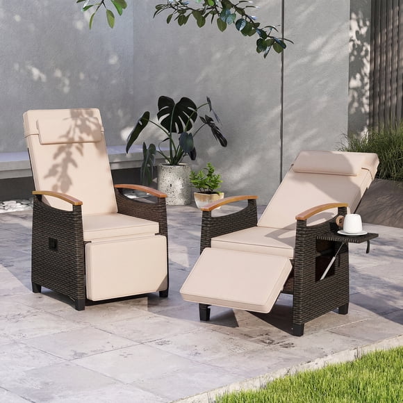 Gymax Set of 2 Patio Wicker Recliner Chair Rattan Lounge Chair w/ Adjustable Backrest Mix Brown