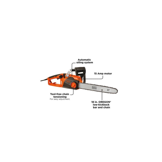Corded Chainsaw 15A 18In with orange and black housing, featuring a 15-amp motor, automatic oiling system, tool-free chain tensioning for easy adjustment, and an 18-inch OREGON low-kickback bar and chain, suitable for tree pruning and cutting branches up to 18 inches, shown in side profile on white background.
