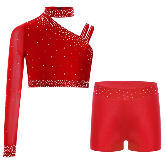 RUNQHUI Gymnastics Leotard for Girls 2 Piece Dance Outfit Rhinestone Mesh Crop Top with Shorts Set Activewear Red 14