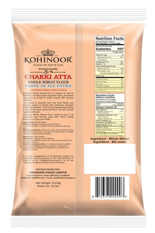 Kohinoor Chakki Atta Whole Wheat Flour, 9.07 kg (20 lbs)