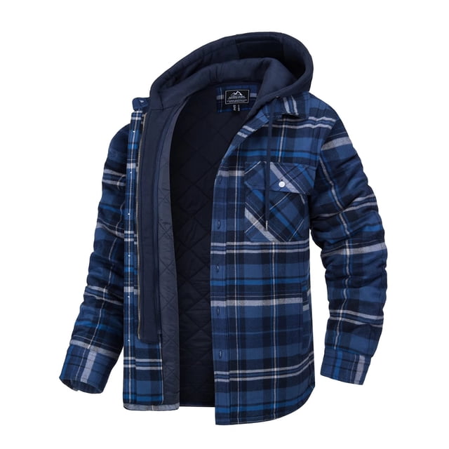 MAWCLOS Men's Flannel Hooded Coat Winter Plaid Jackets in navy blue, size S. A men's outerwear piece featuring a quilted lining, long sleeves, button-up front, and hooded neckline. Made of 65% polyester and 35% cotton for warmth and comfort during autumn and winter. The plaid pattern adds a casual yet stylish touch, ideal for everyday wear, traveling, or outdoor activities.
