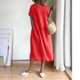 thumbnail image 4 of LOVZFMLL Women's Summer Fashion Solid Color Round Neck Short Sleeve Linen Dress Red L, 4 of 9