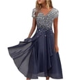thumbnail image 1 of Drindf Robe Longue d'Été pour Femme Grande Taille Décontractée Plissée en Mousseline Tunique Ligne A Robe Bohème Tendance à Paillettes Col en V Manches Courtes Robe de Bal Ample Coupe Ajustée Ourlet Irrégulier Robe Maxi Cocktaill, 1 of 4