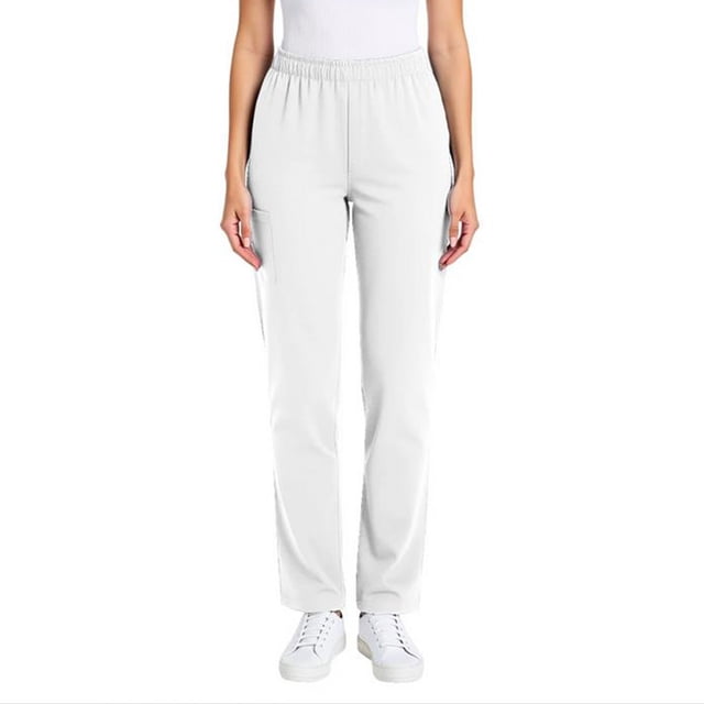 RKSTN White Womens Scrub Pants Solid Color Mid Rise Stretch Waistband Lightweight Pull on Scrubs Pant with Multiple Pockets