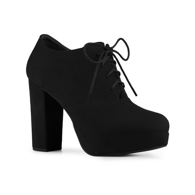 BLISSFUL STEP Bottines pour Femmes en Faux Suède à Talon Épais Plateforme à Lacets Bout Rond Bottes Habillées Noir 11
