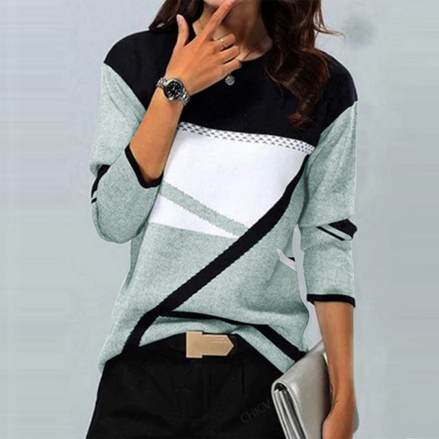 Jsaierl 2024 Automne Hauts à Manches Longues pour Femmes Col Rond Confortables T-Shirts Graphiques Géométriques Tendance Chemises Amples Décontractées Habillées Blouses de Travail