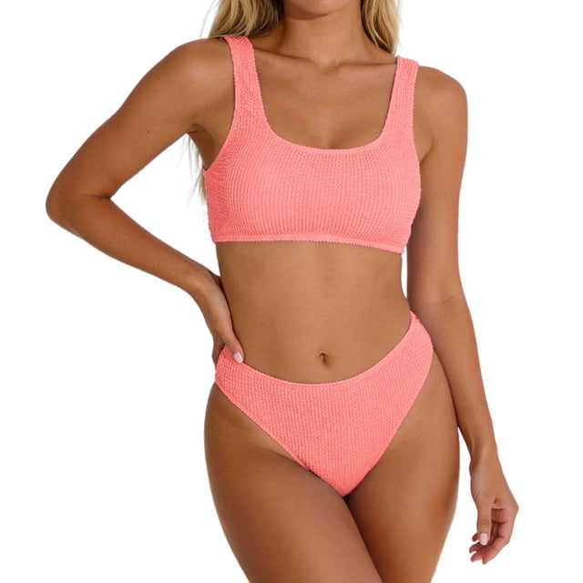 Rugged Ribbed Two Piece Bikini Set Featuring Wide Strap Top and Mid Waist Swimwear For All Seasons Beachwear