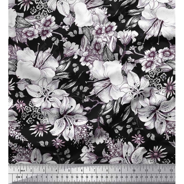 Soimoi polyester Crepe Fabric Leaves & Flower Floral Decor Fabric Printed Yard 52 Inch Wide