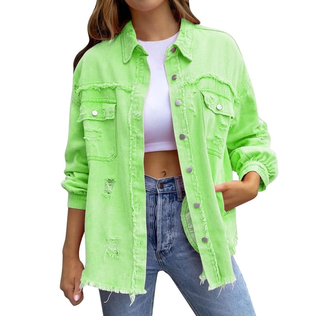 SHIXIAOO Women's Ripped Oversized Denim Jacket Casual Long Boyfriend Distressed Denim Jacket Womens Jackets Fall Casual Button down Button Jean Womens Summer Jackets Denim Jacket Lightweight Fringe