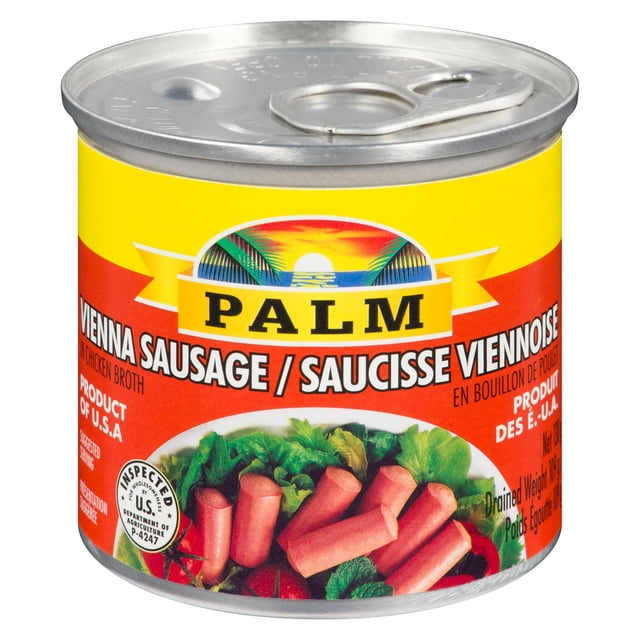 Palm Vienna Sausage in Chicken Broth canned meat with a yellow and red label featuring the Palm brand and an image of sliced Vienna sausages on leafy greens and tomatoes, precooked and shelf-stable for pantry storage, suitable for quick meals or snacks.