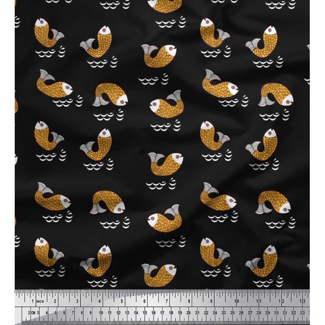 Soimoi Black Cotton Duck Fabric Waves & Fish Ocean Print Fabric by the Yard 56 Inch Wide