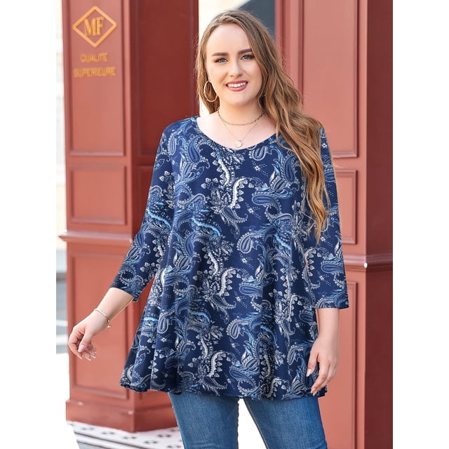 LARACE T-Shirts à Manches 3/4 pour Femmes Col Rond Crochet Amples Décontractés Chemises Blouses Hauts Navy12 1X
